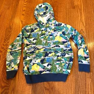 North Face, multicolored forest camo, hooded sweatshirt, youth small